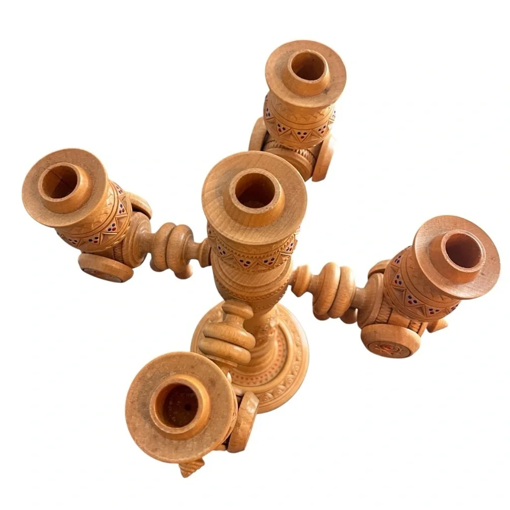Large 14” Scandinavian German Turned Wood Beaded 5 Arm Candelabra